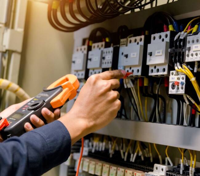 Dubai building contractors performing electrical fixture installation
