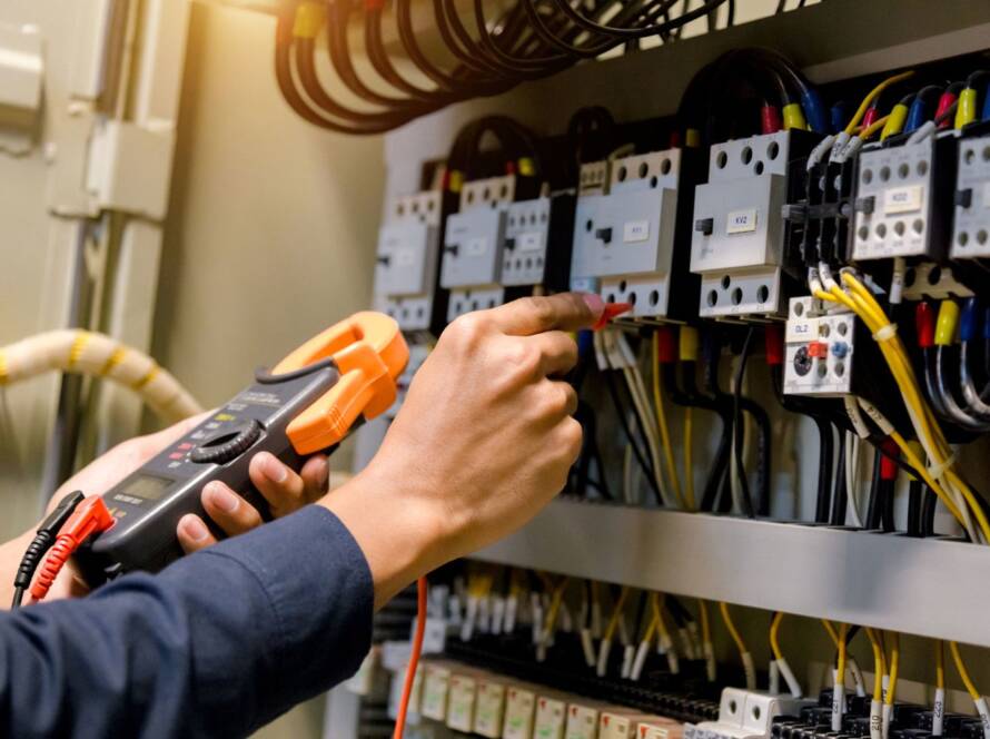 Dubai building contractors performing electrical fixture installation